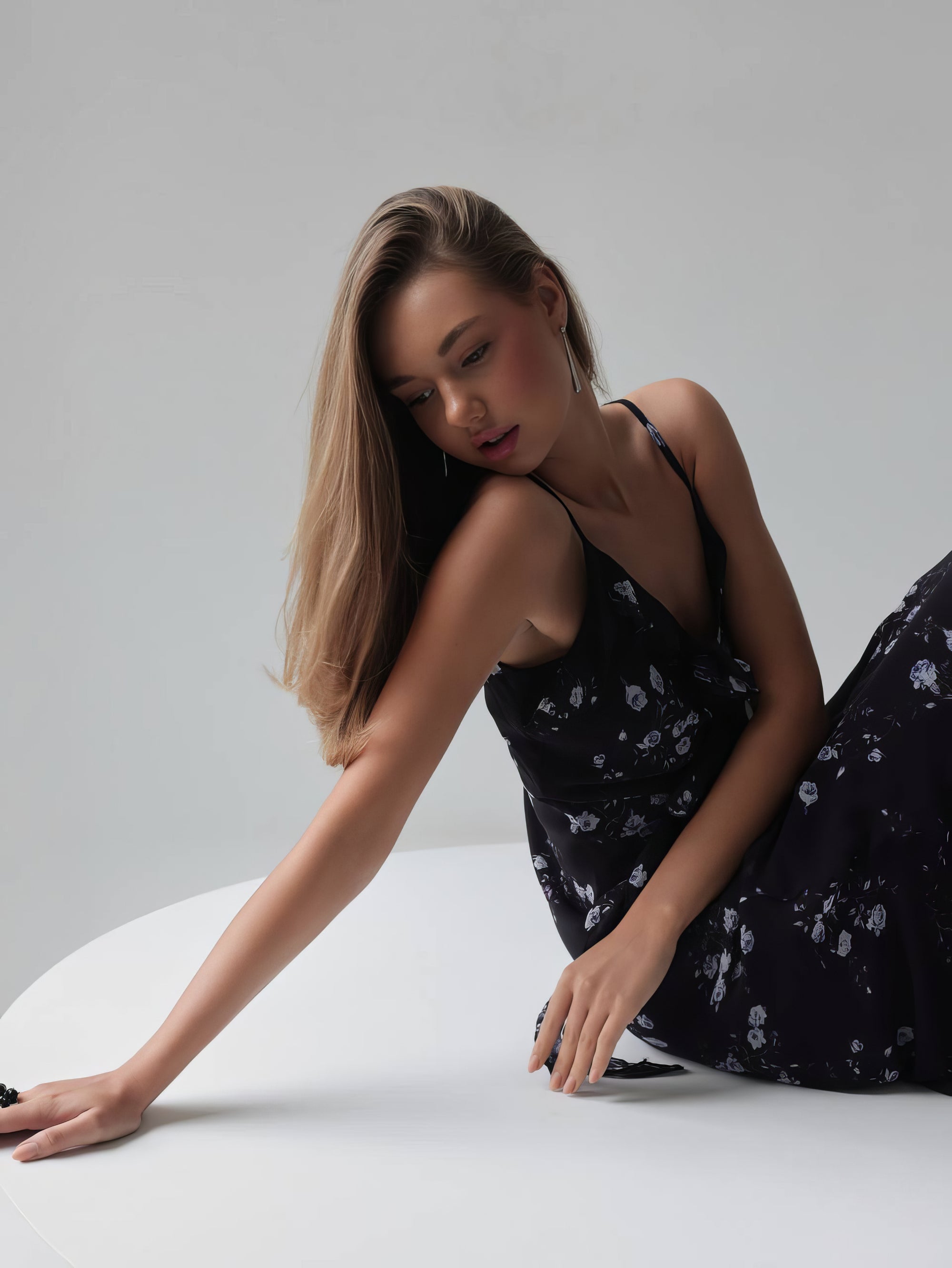 Romantic Floral Print Black Midi Dress