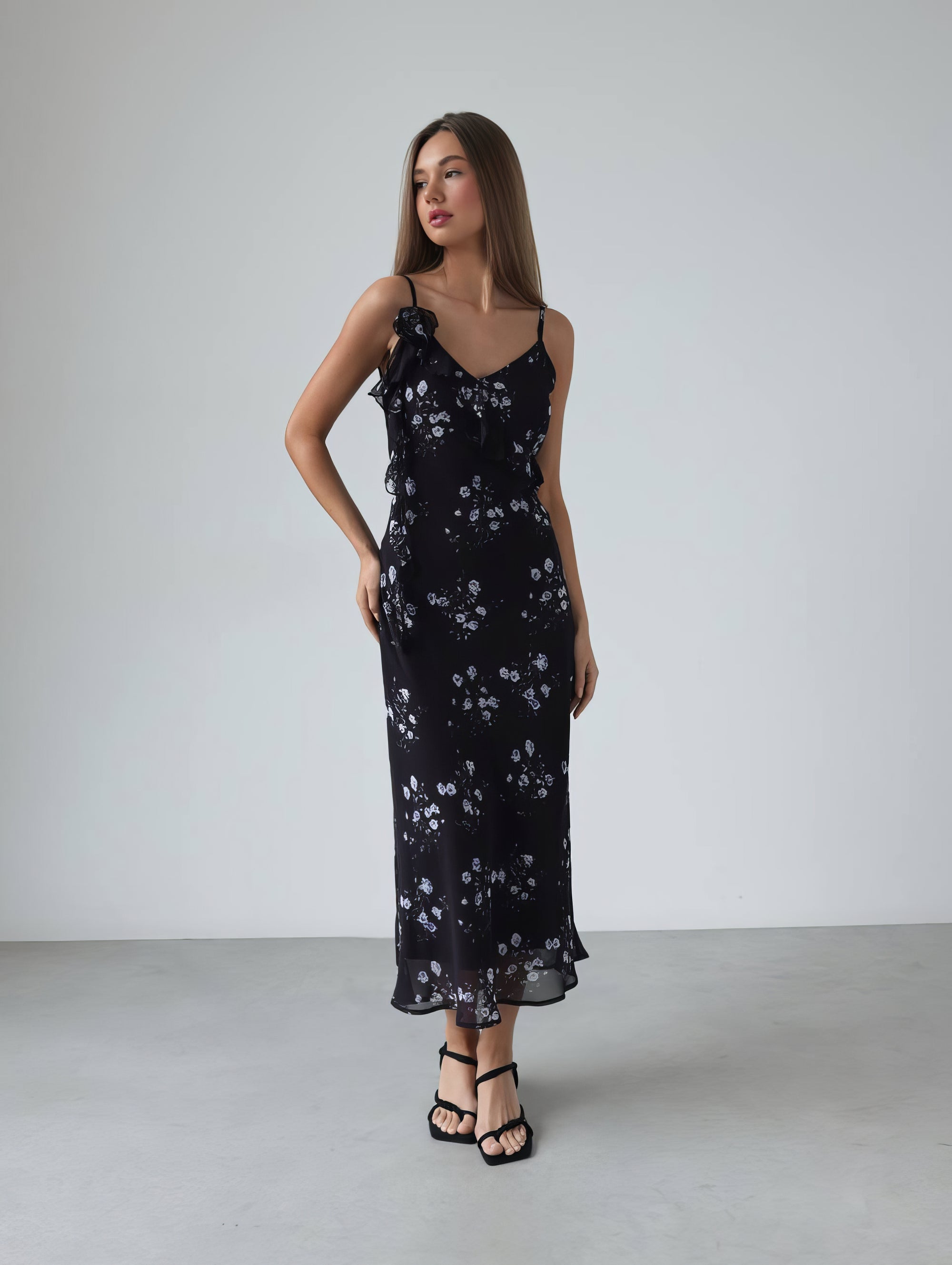 Romantic Floral Print Black Midi Dress
