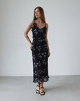 Romantic Floral Print Black Midi Dress