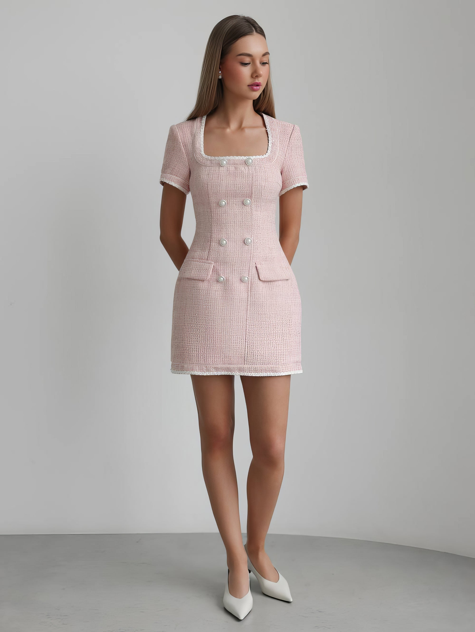 Elegant Pink Tweed Dress
