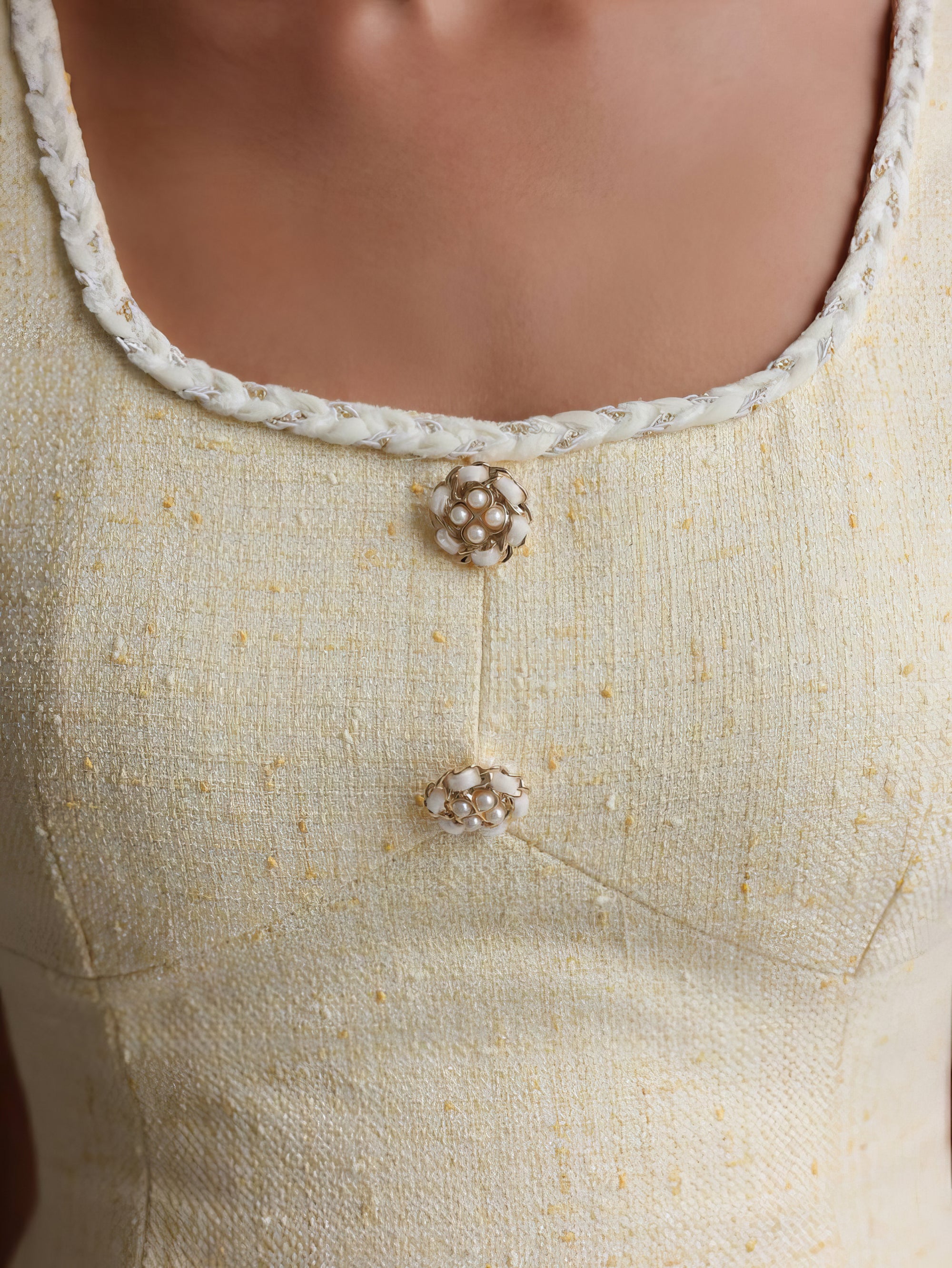 Gold Detail Pale Yellow Tweed Dress