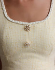Gold Detail Pale Yellow Tweed Dress