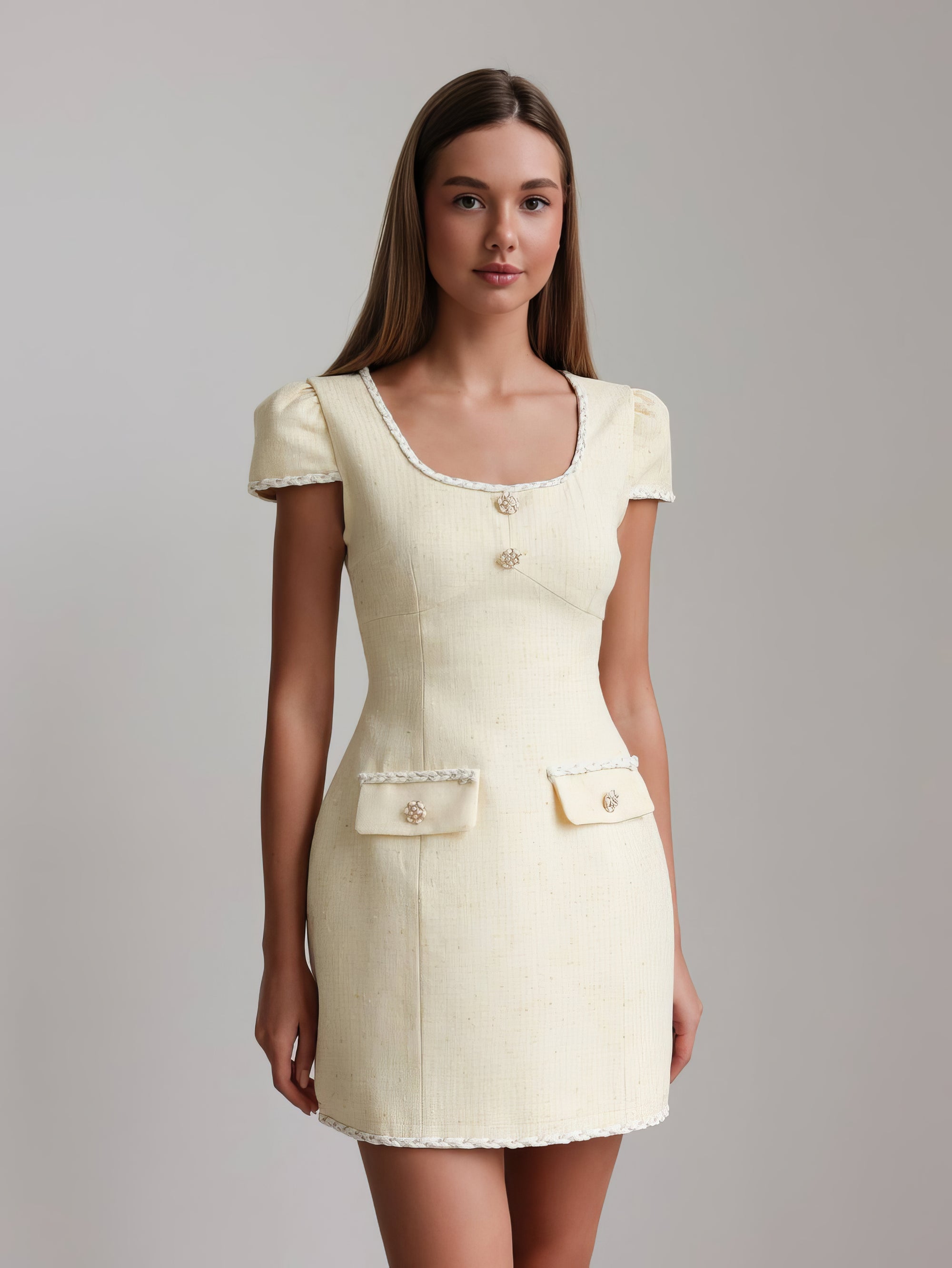 Gold Detail Pale Yellow Tweed Dress