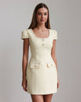 Gold Detail Pale Yellow Tweed Dress