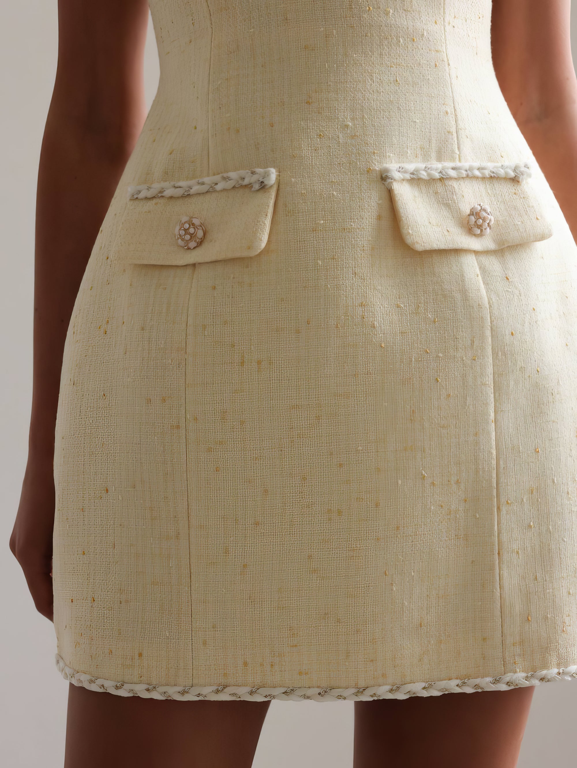 Gold Detail Pale Yellow Tweed Dress