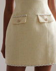 Gold Detail Pale Yellow Tweed Dress