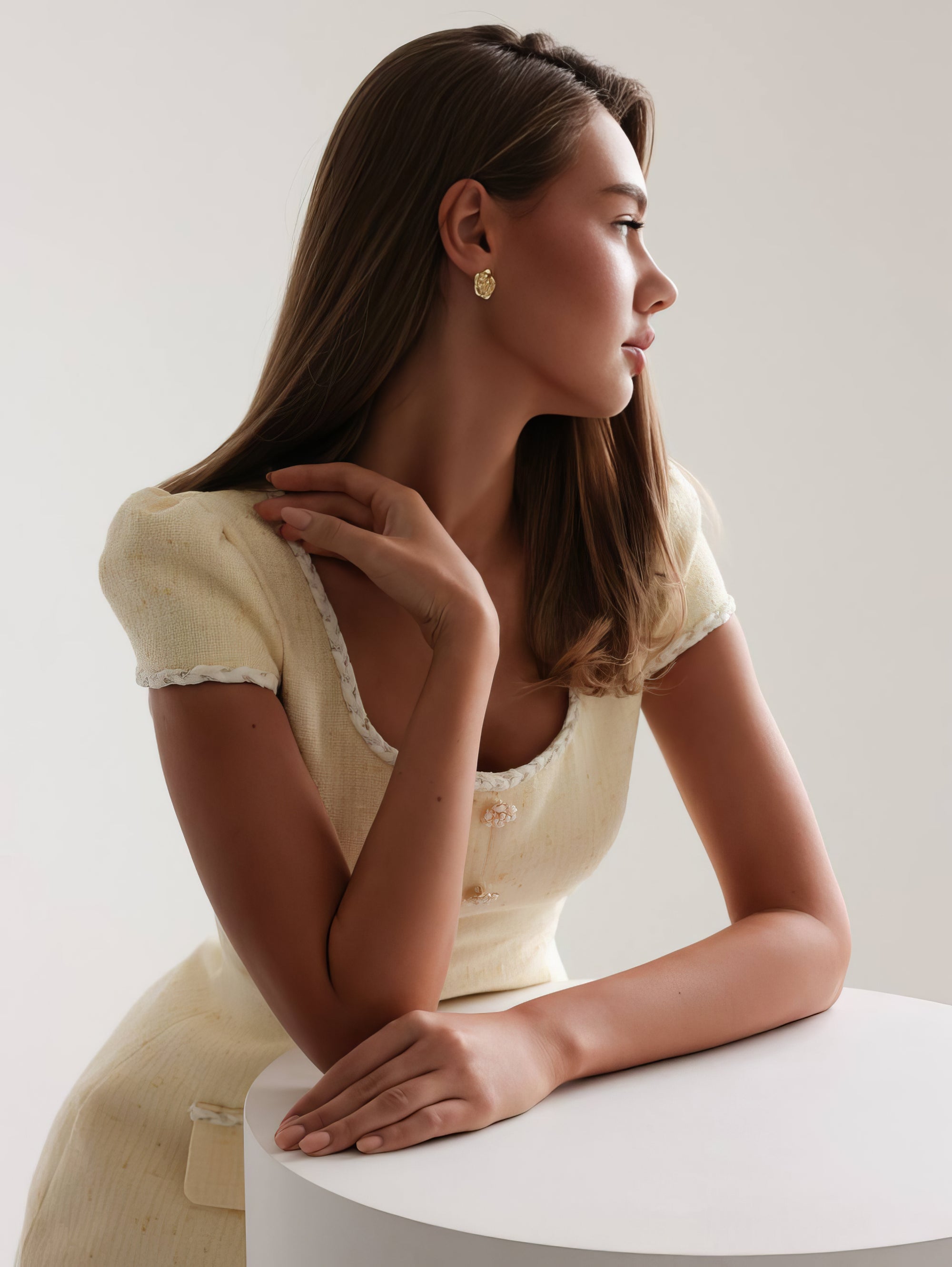 Gold Detail Pale Yellow Tweed Dress