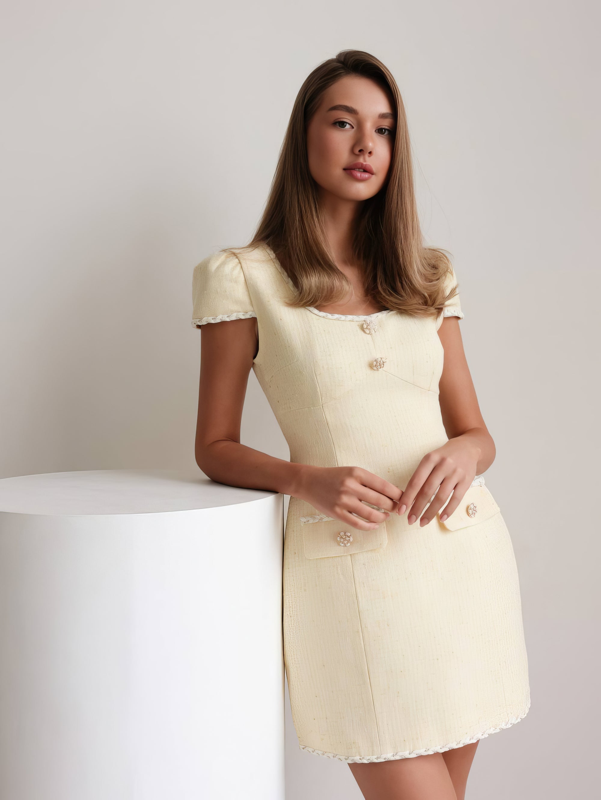 Gold Detail Pale Yellow Tweed Dress