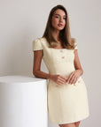 Gold Detail Pale Yellow Tweed Dress
