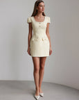 Gold Detail Pale Yellow Tweed Dress