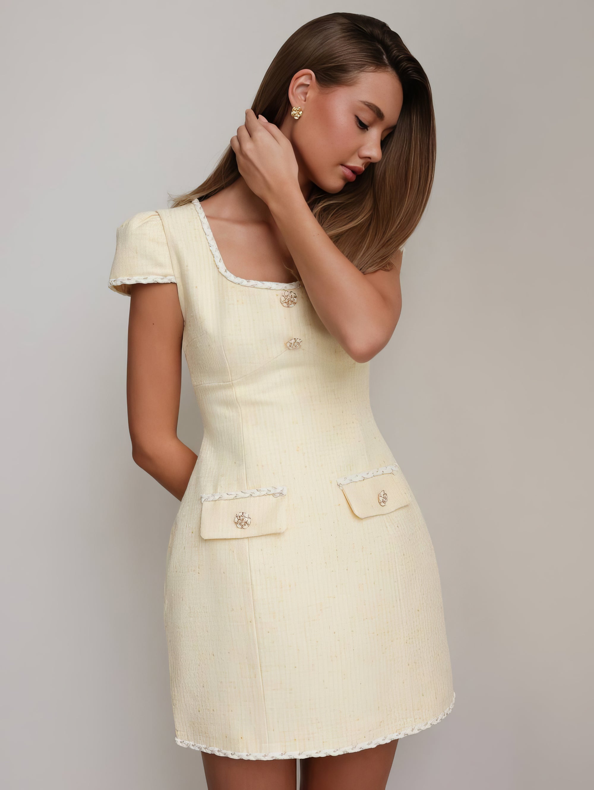 Gold Detail Pale Yellow Tweed Dress
