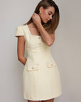 Gold Detail Pale Yellow Tweed Dress