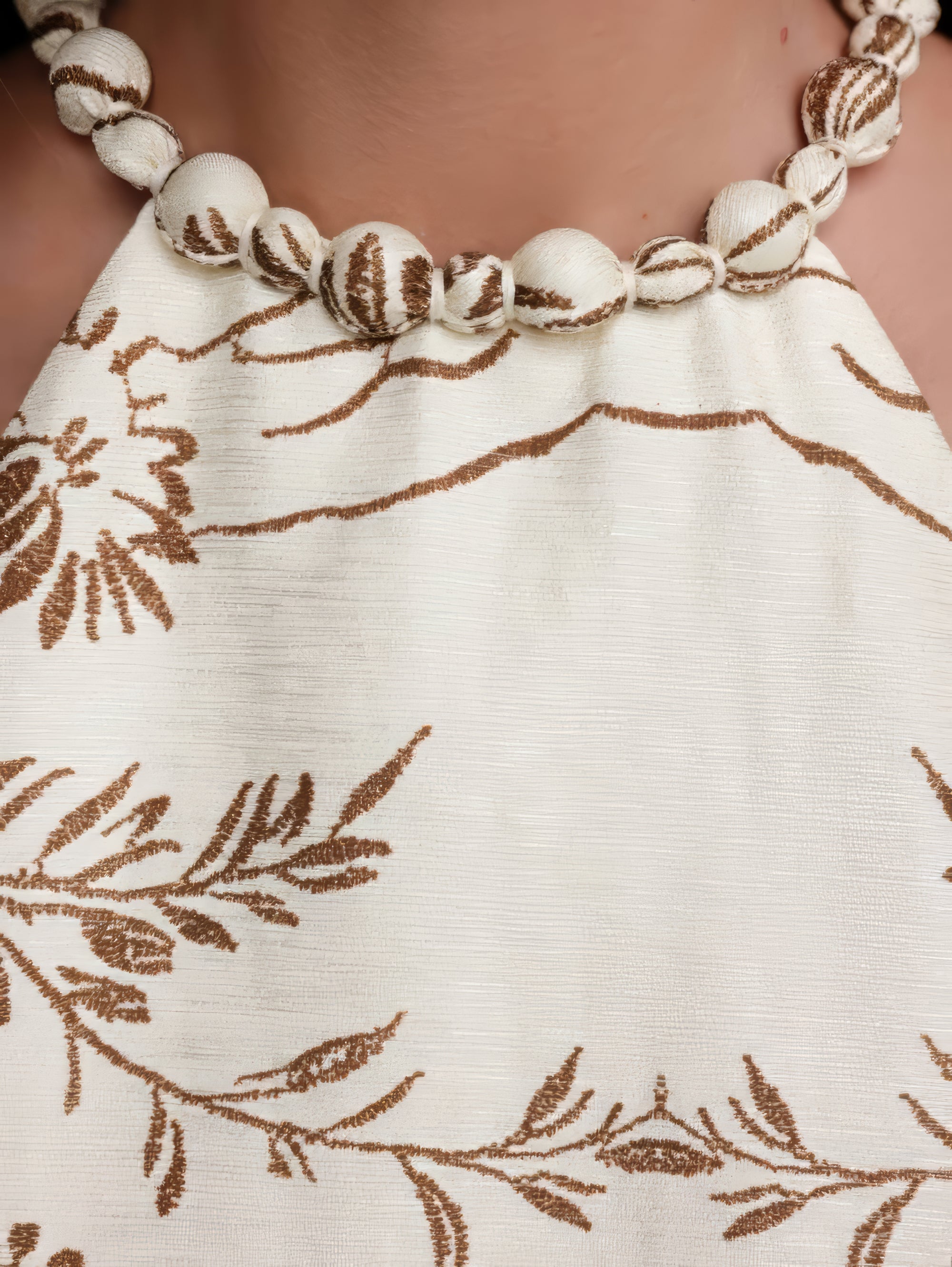 Elegant Embroidered Beige Halter Neck Dress