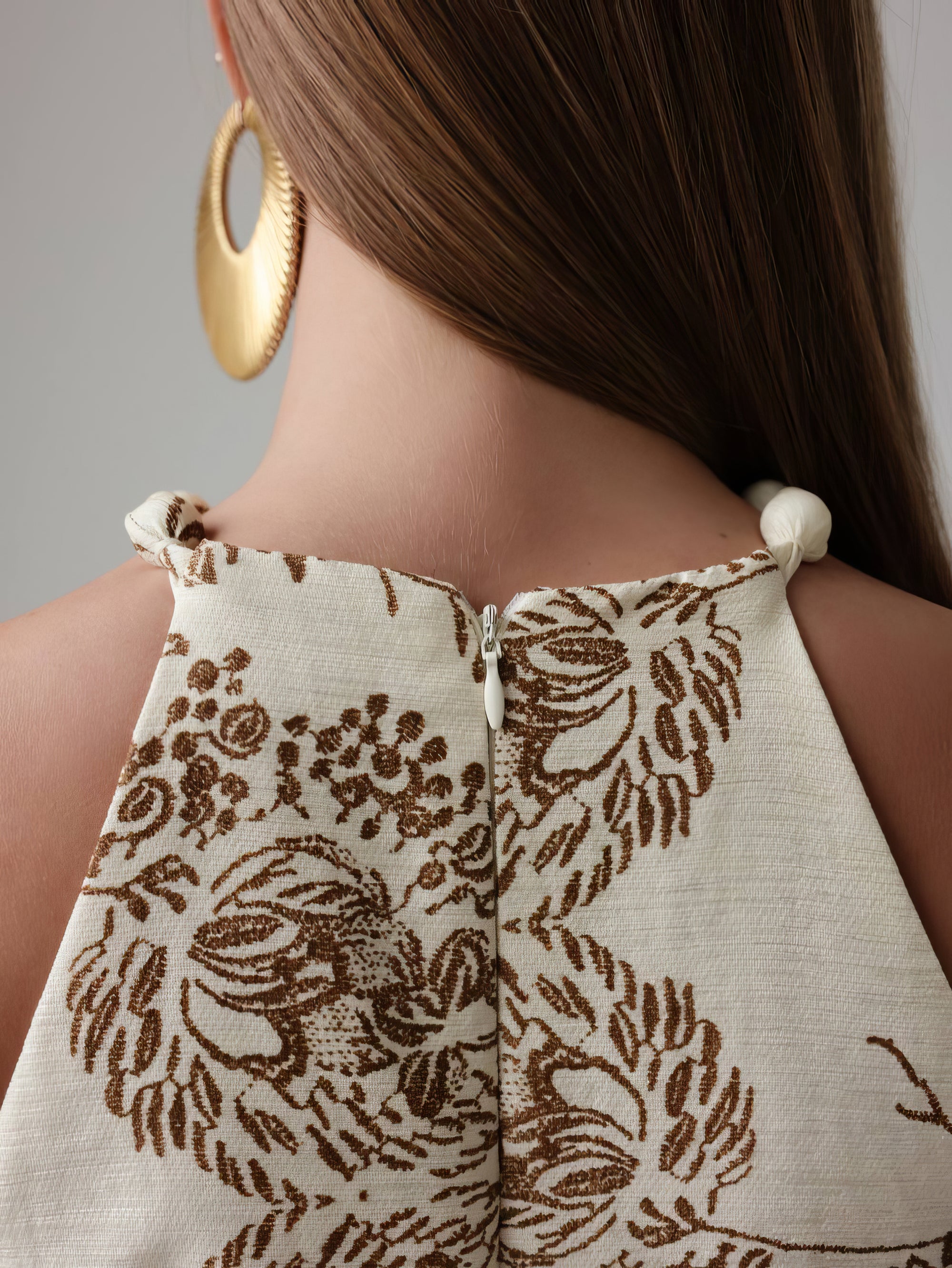 Elegant Embroidered Beige Halter Neck Dress