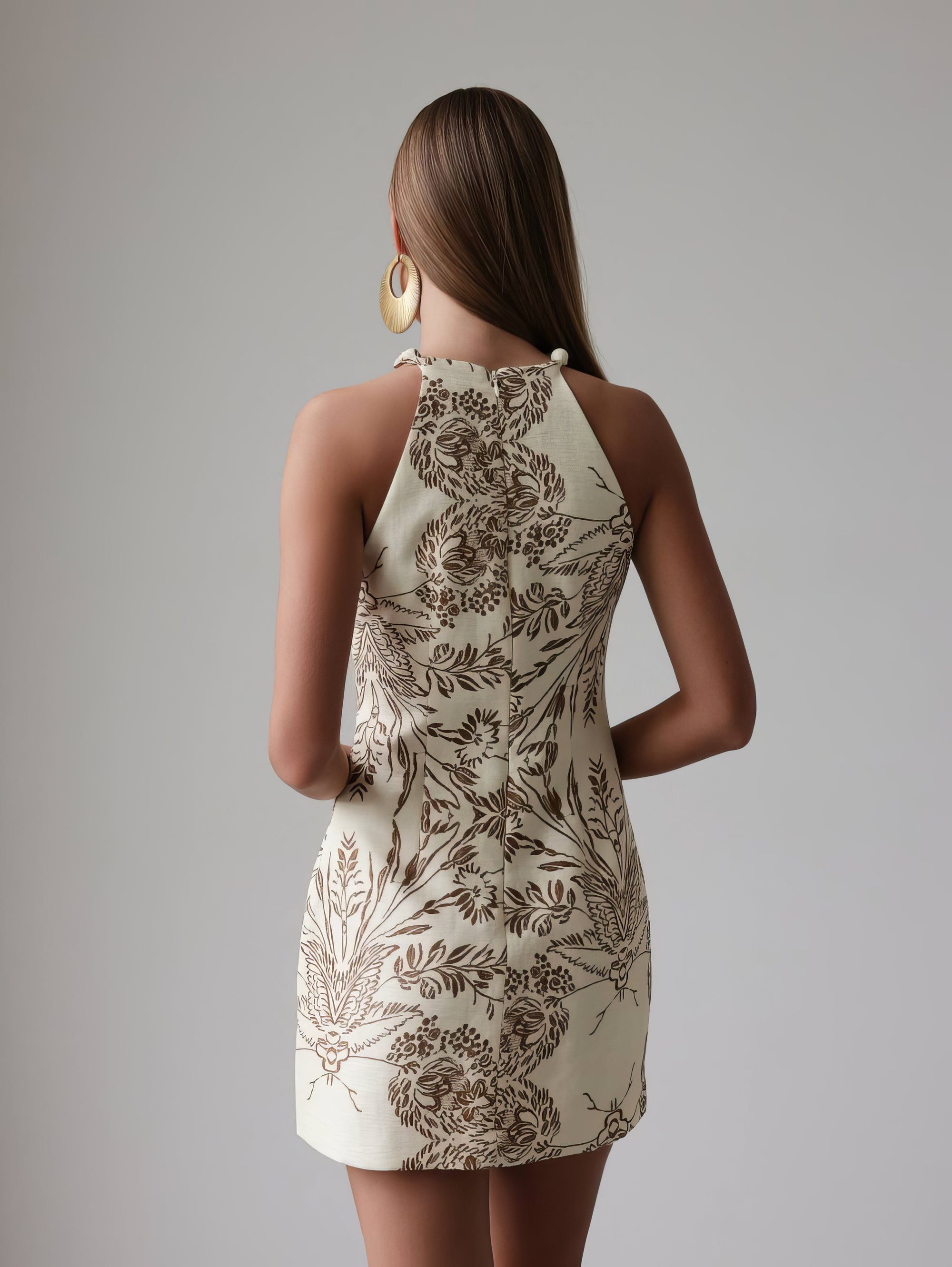 Elegant Embroidered Beige Halter Neck Dress