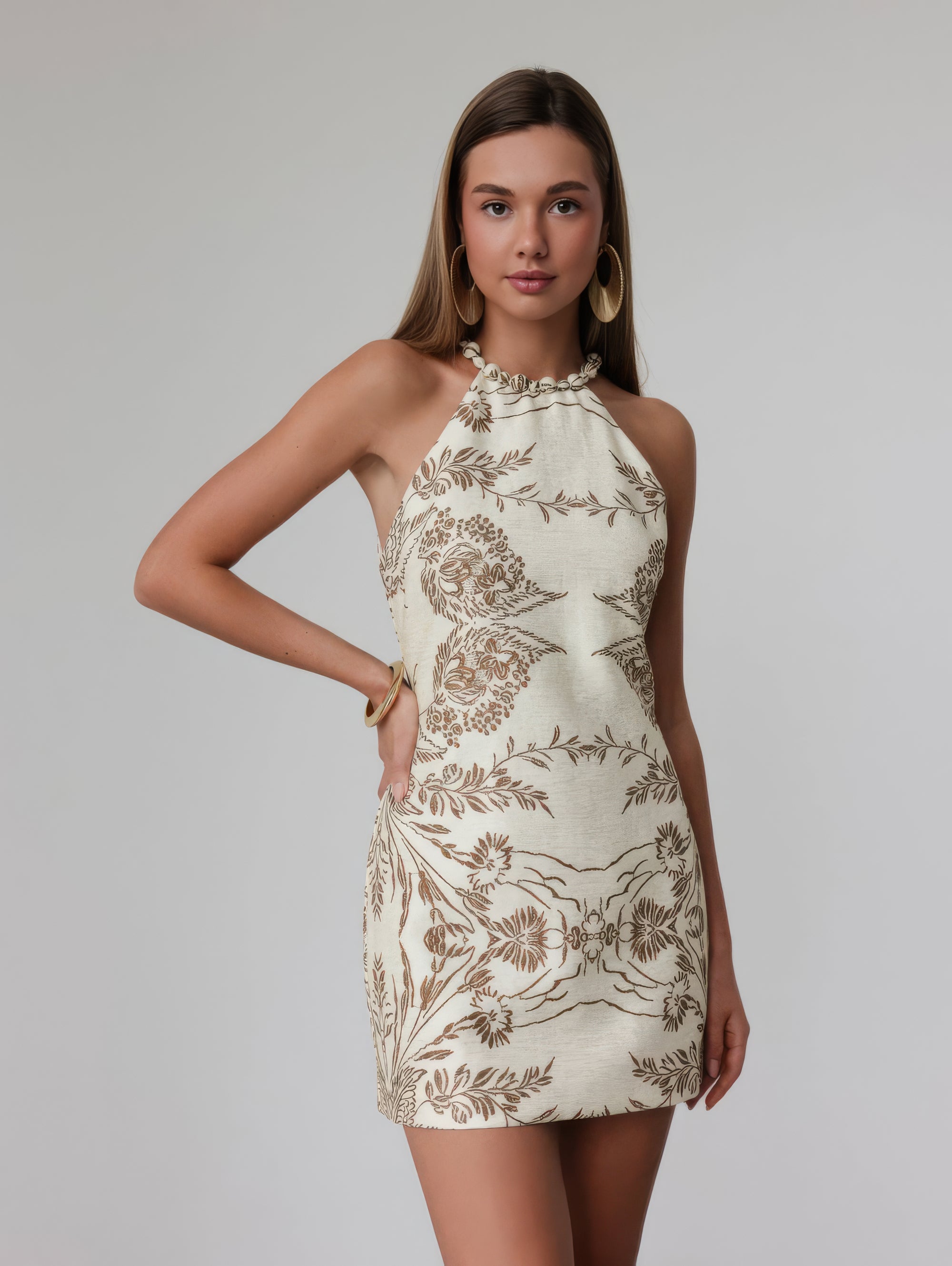 Elegant Embroidered Beige Halter Neck Dress