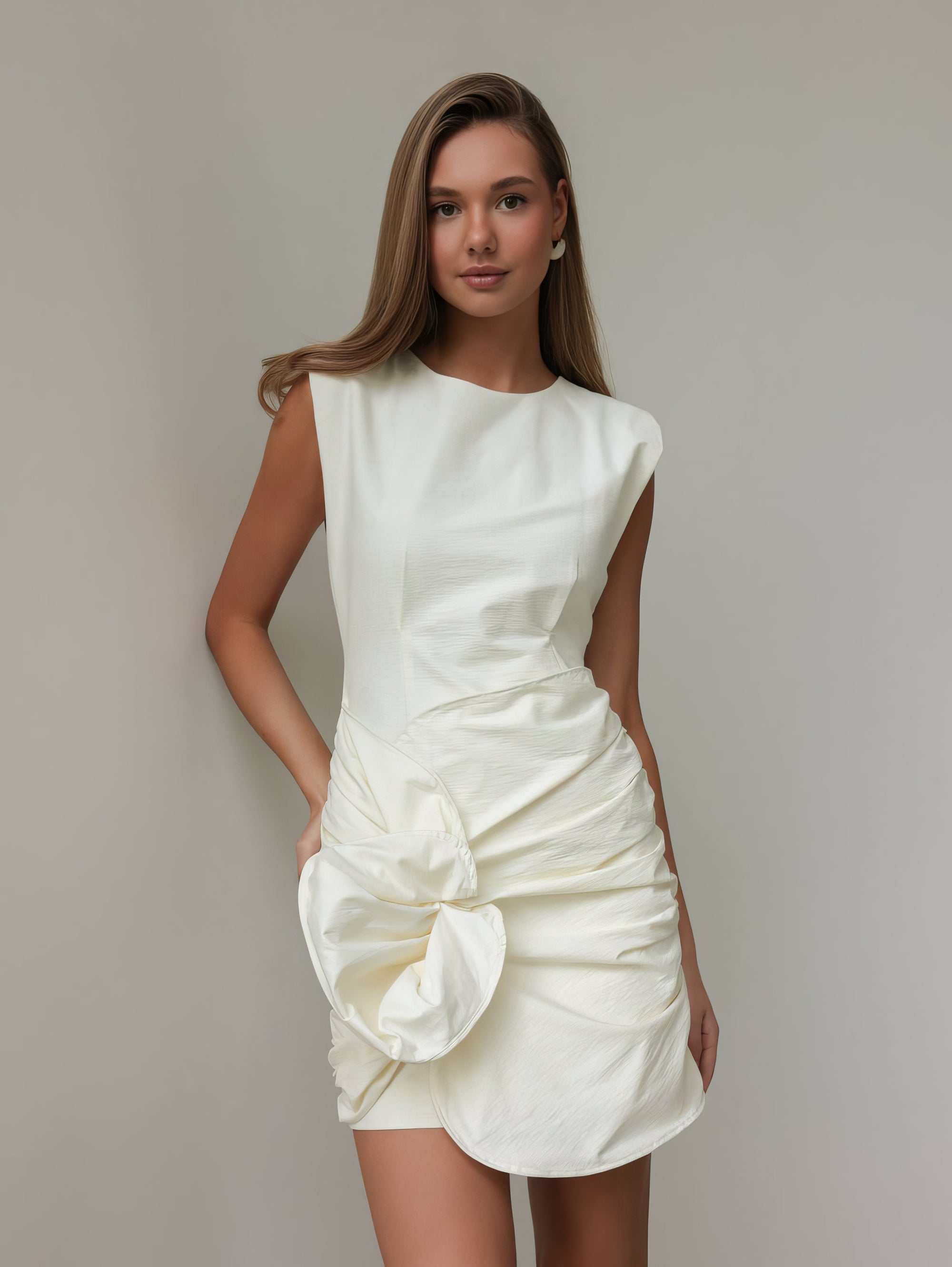 Sculptural Drape Detail White Mini Dress