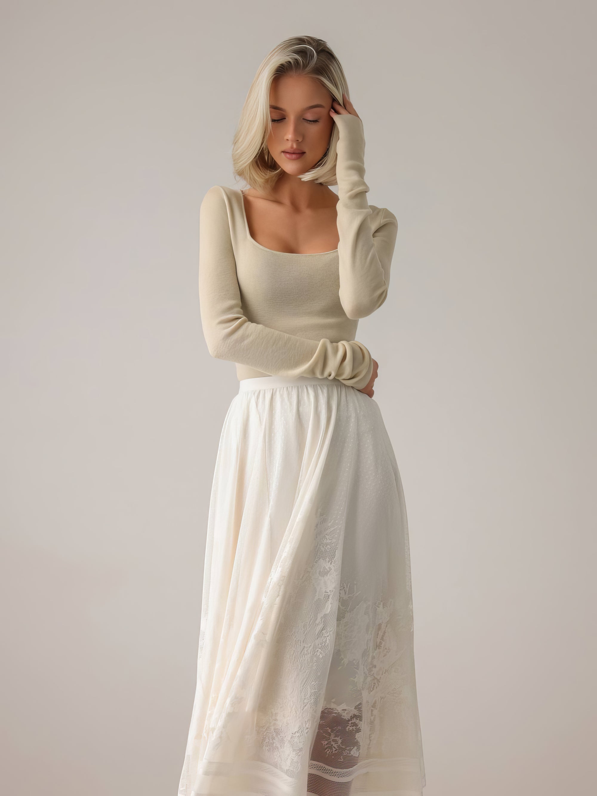 Voluminous Off-White Midi Skirt