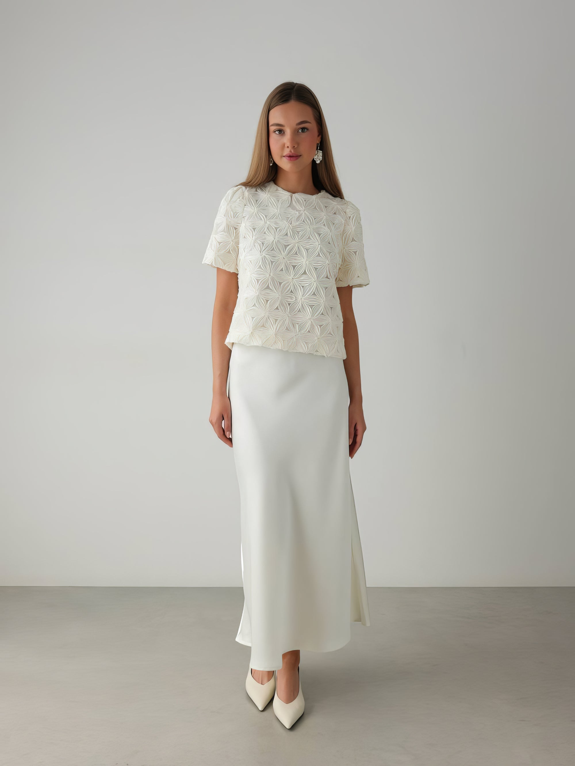 Fluid White Straight Cut Midi Skirt