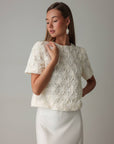 Embellished Textured White Short Sleeve Blouse