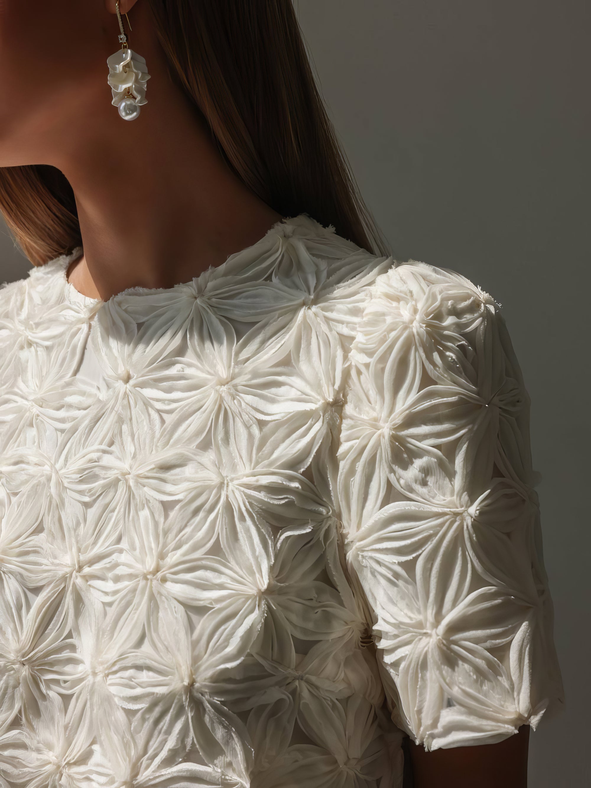 Embellished Textured White Short Sleeve Blouse