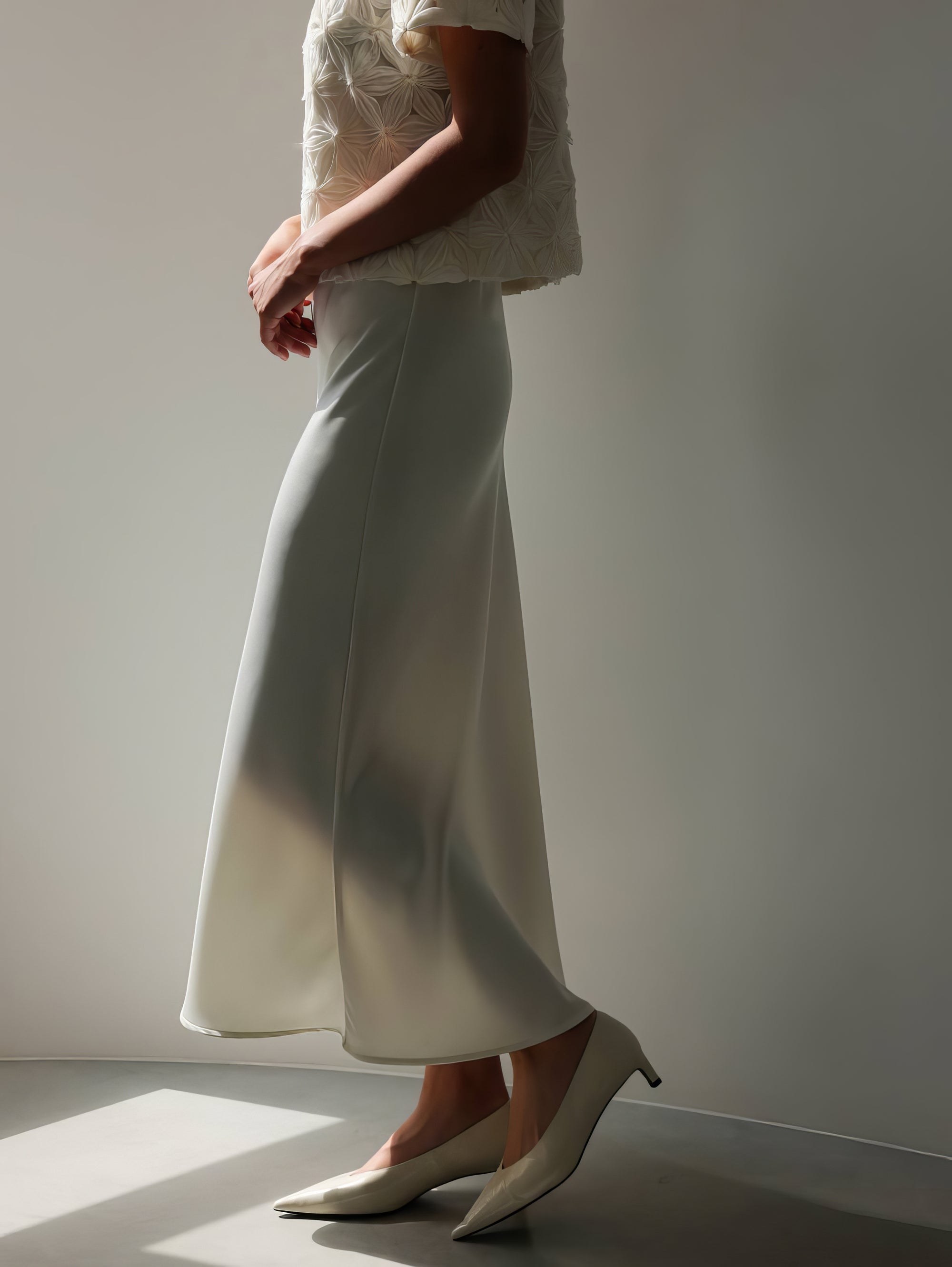 Fluid White Straight Cut Midi Skirt
