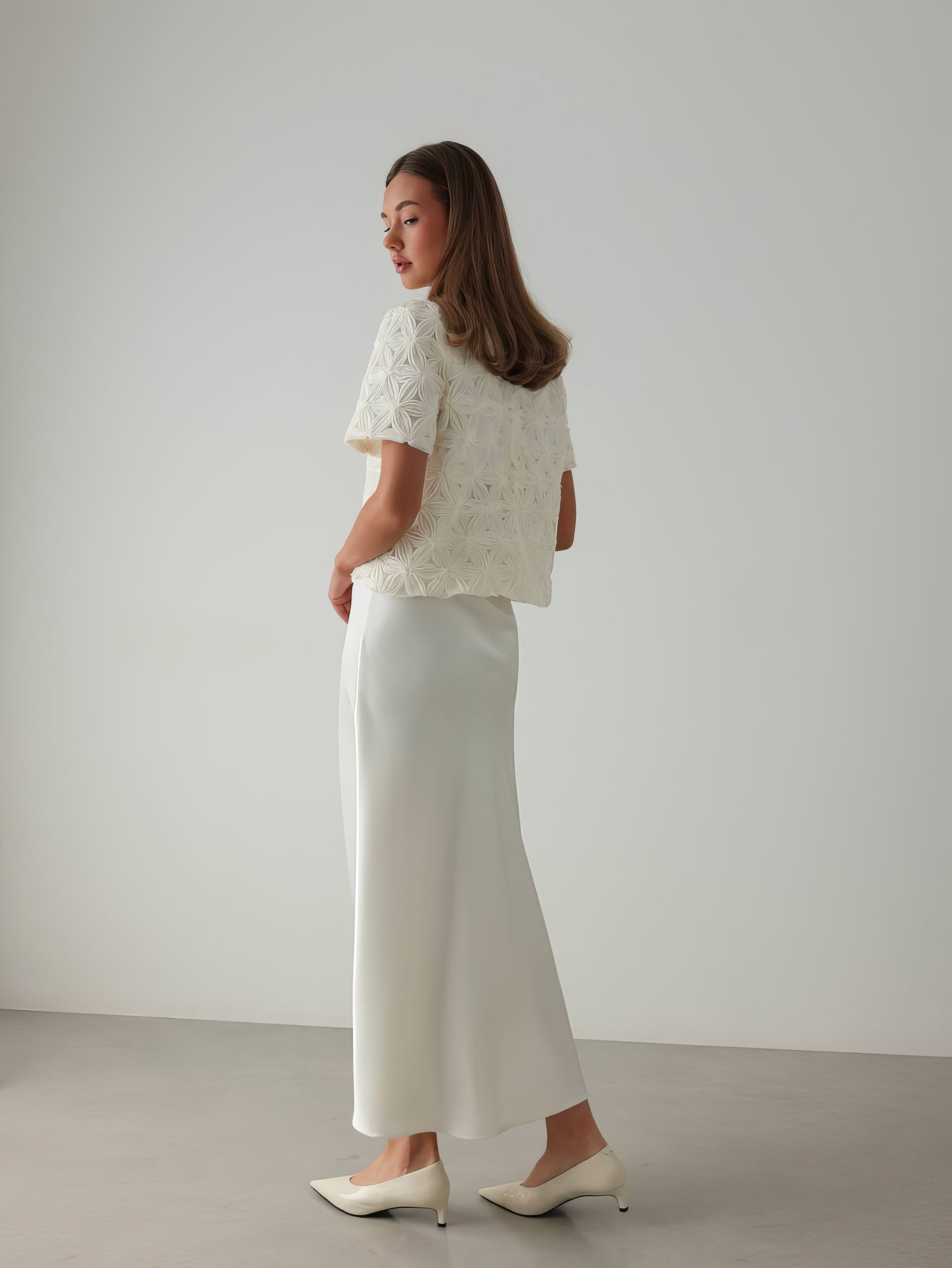 Fluid White Straight Cut Midi Skirt