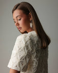 Embellished Textured White Short Sleeve Blouse