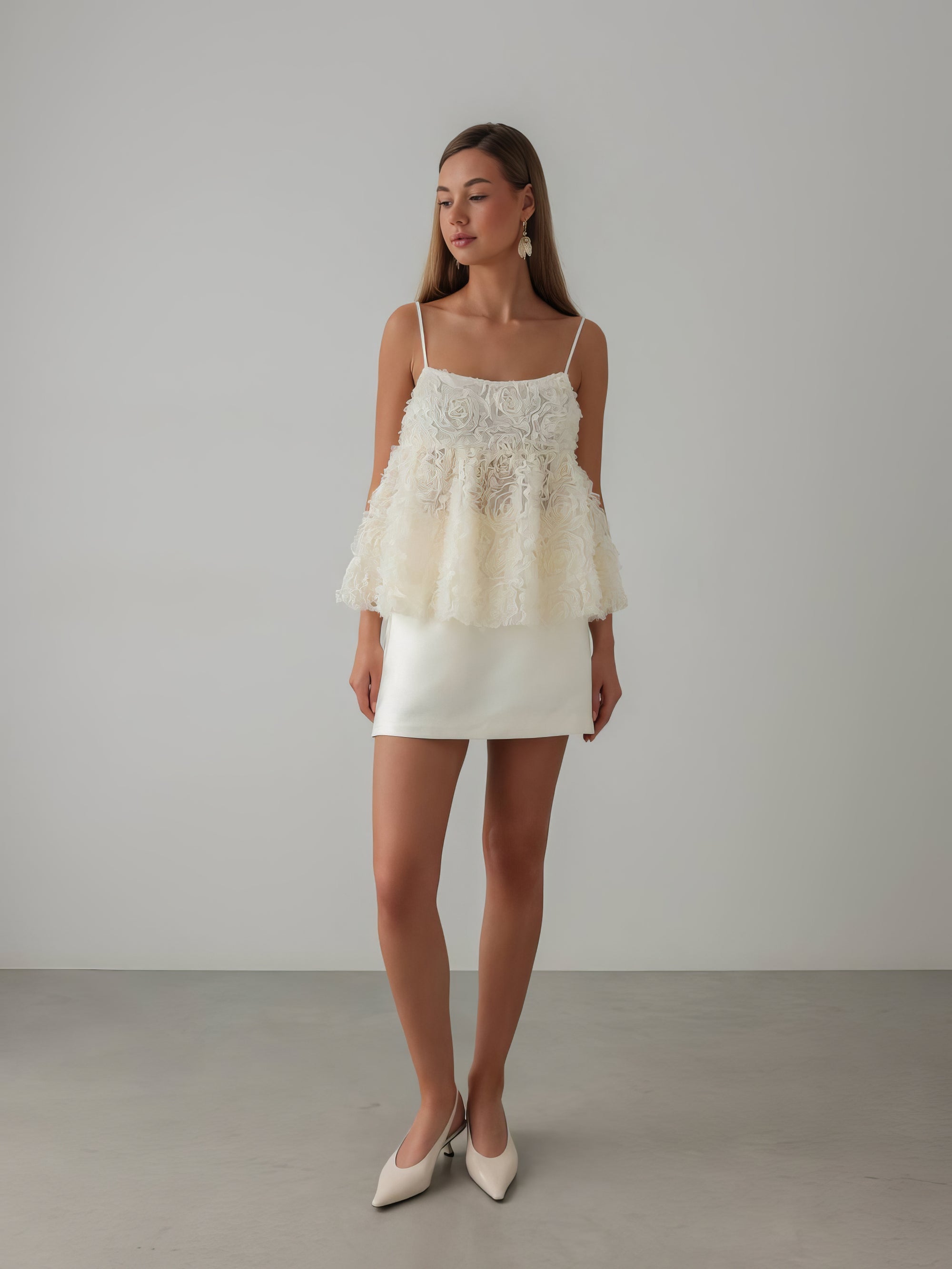 Embossed Floral Ecru Peplum Blouse