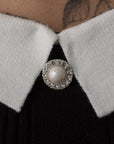 White Ribbed Blouse with Black Collar