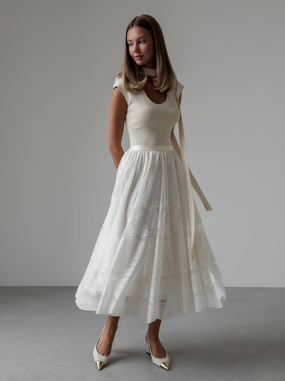 Cream Blouse with Neck Tie Detail