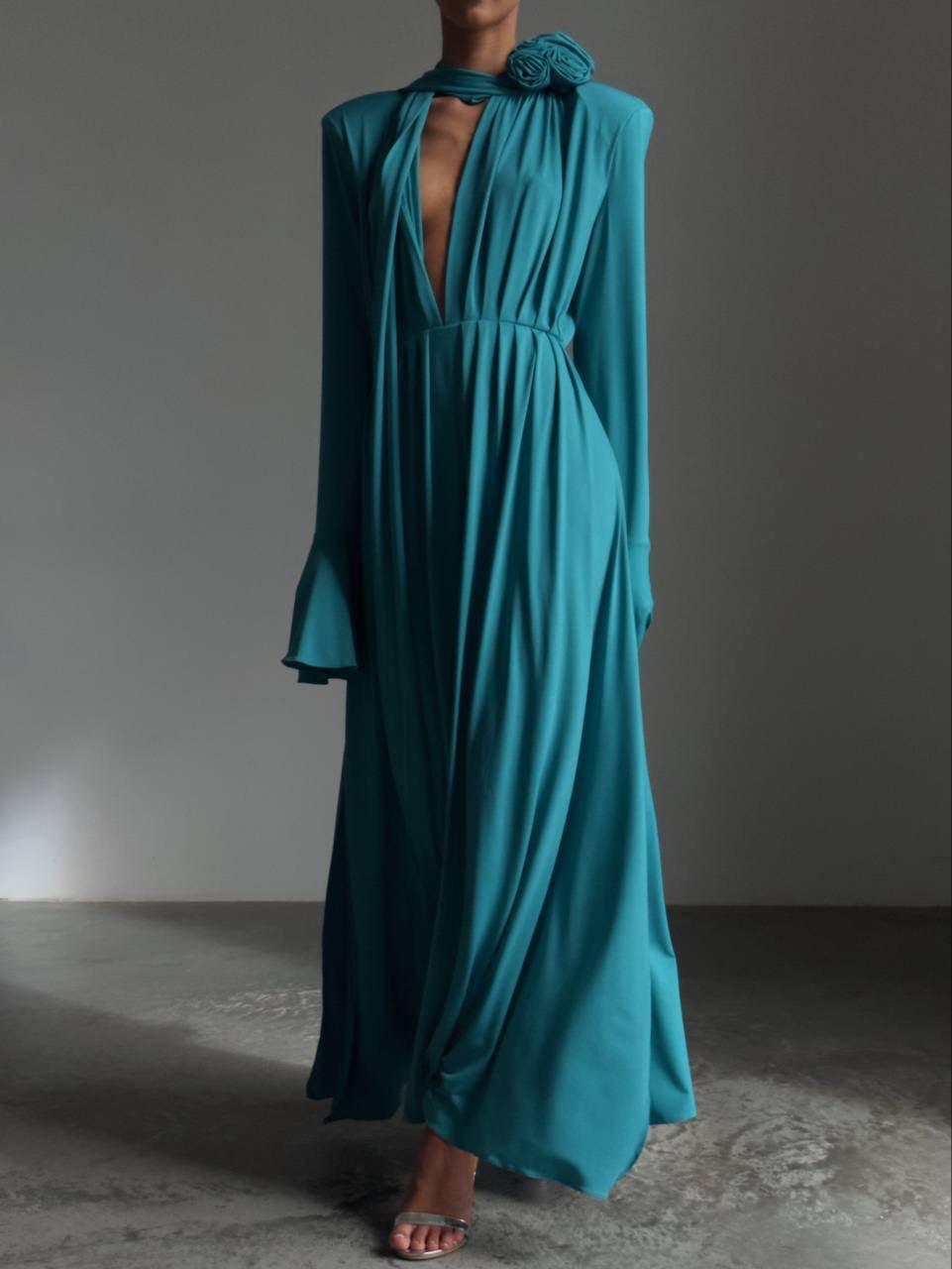 turquoise maxi dress long sleeve Long-sleeve Knitted Maxi Dress In Turquoise