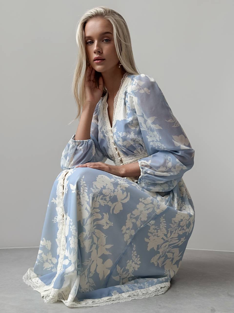 Elegant Blue Floral Lace-Trimmed Dress