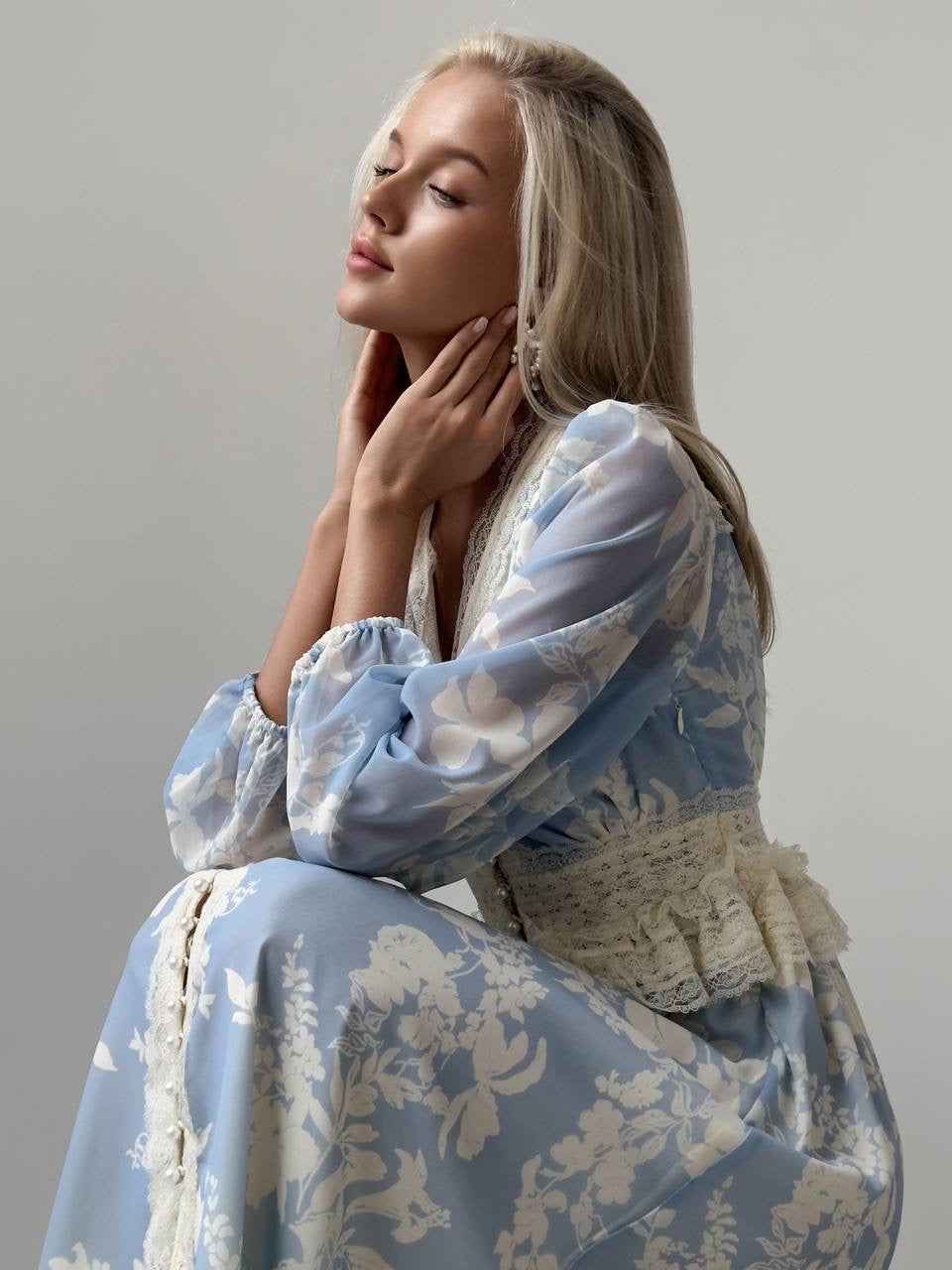 Elegant Blue Floral Lace-Trimmed Dress