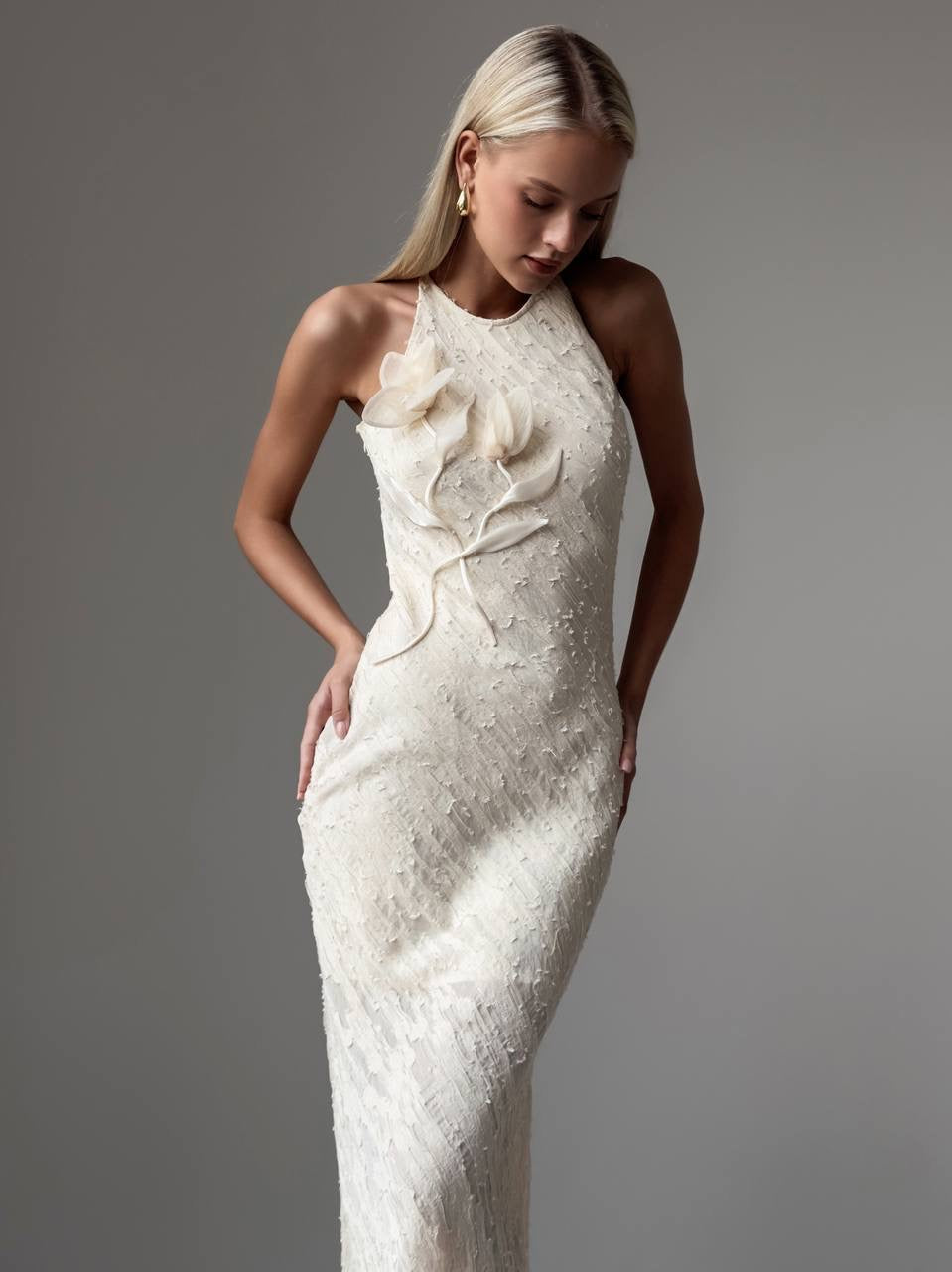 Elegant Ivory Floral-Detail Textured Midi Dress