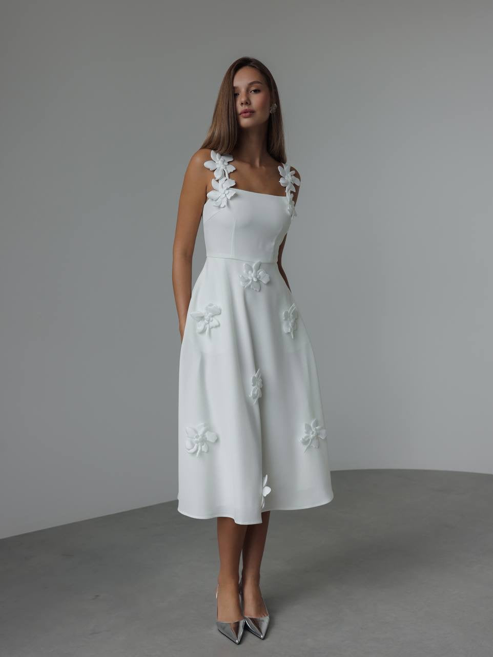White Floral Appliqué Midi Dress