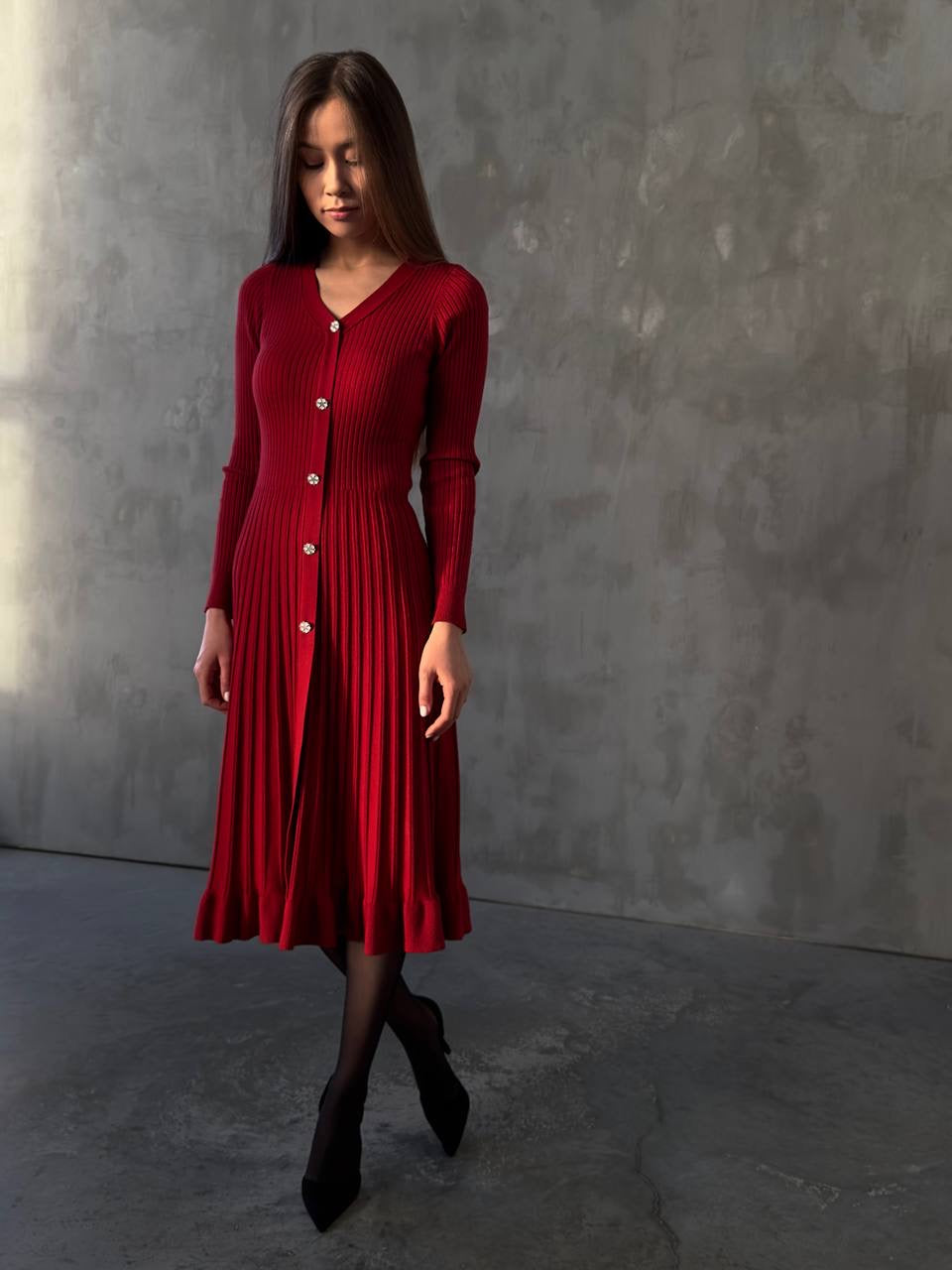 Ribbed Knit Button-Up Midi Dress - XL