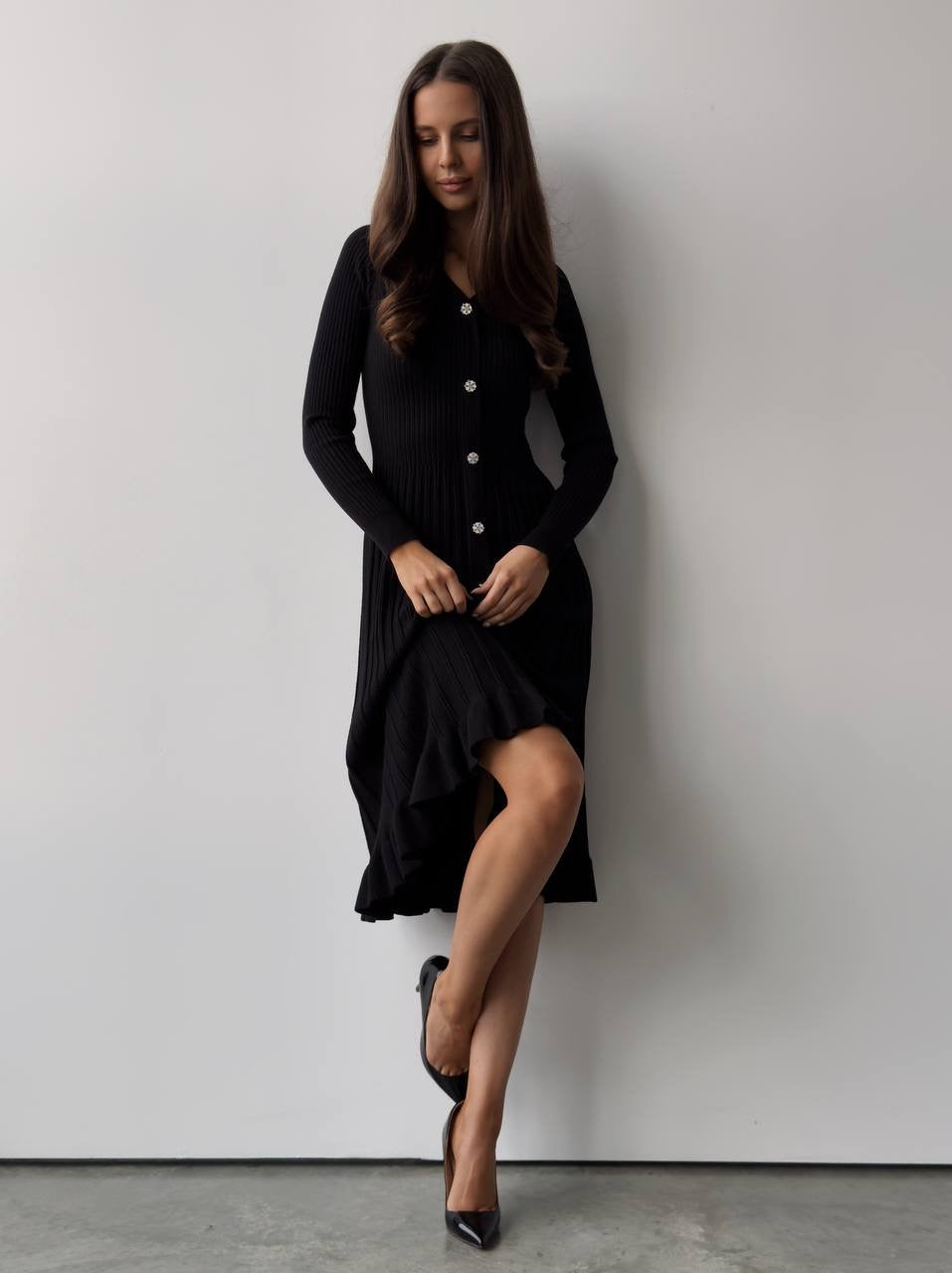 black rib knit midi dress Rib Knit Cutout A Line Midi Dress In Black, Black / Regular / M