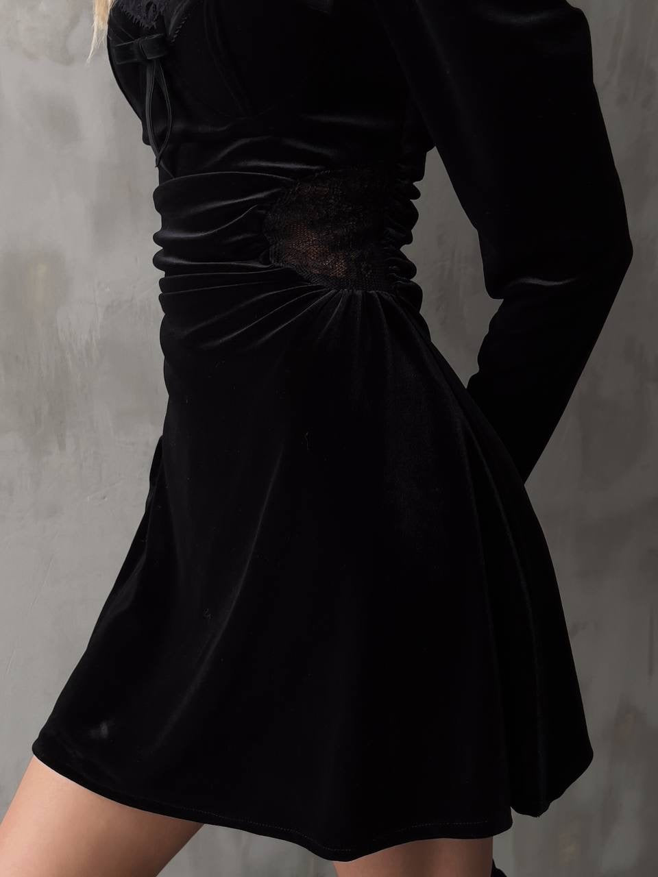 Black Velvet Mini Dress with Lace Details