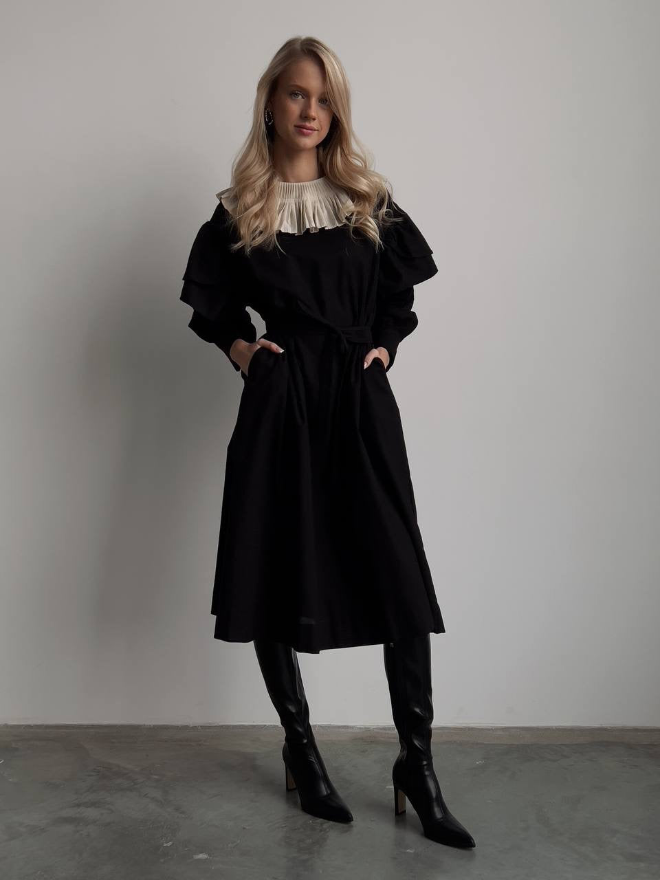 Black Dress with Beige Pleated Collar