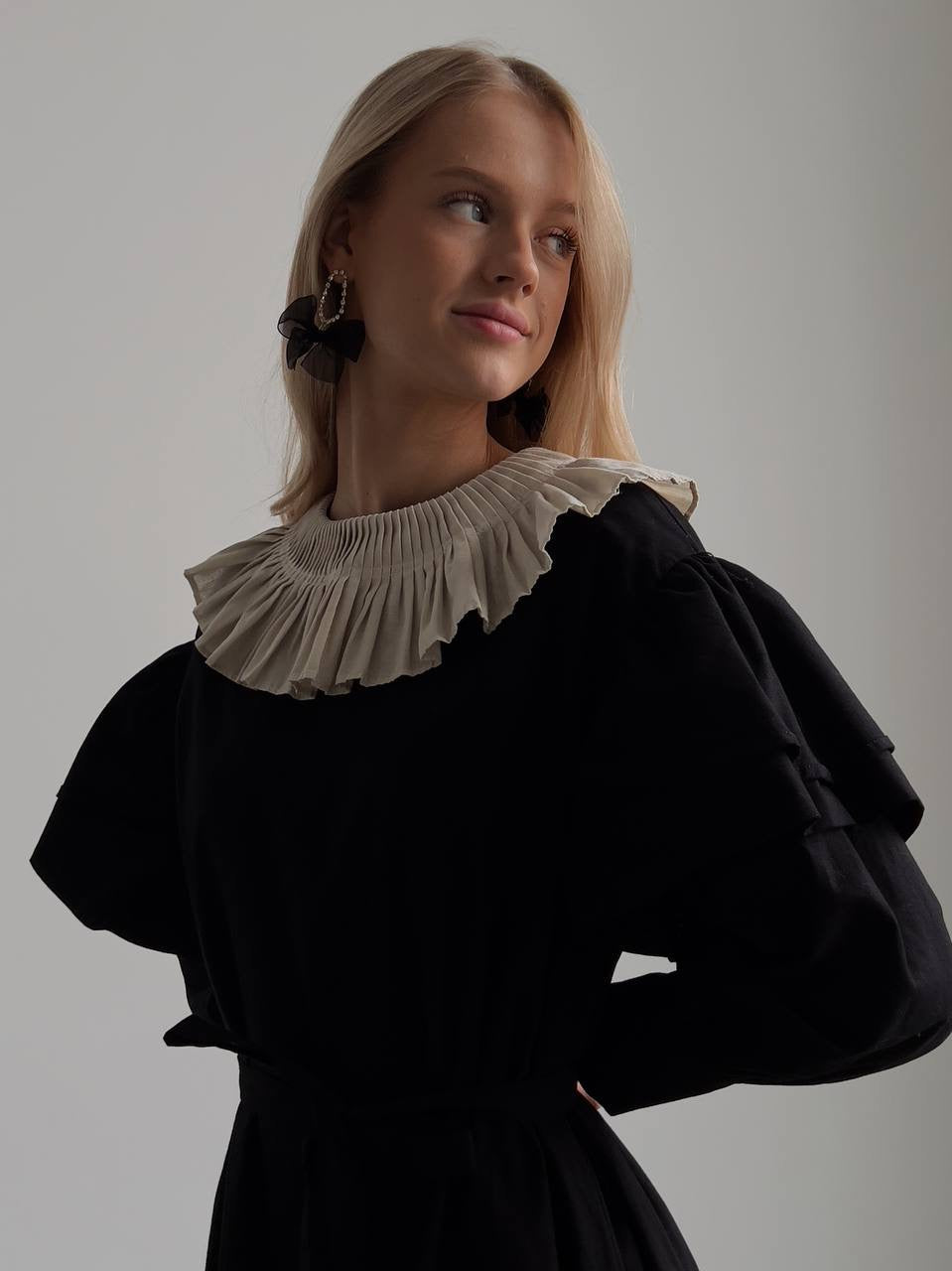 Black Dress with Beige Pleated Collar