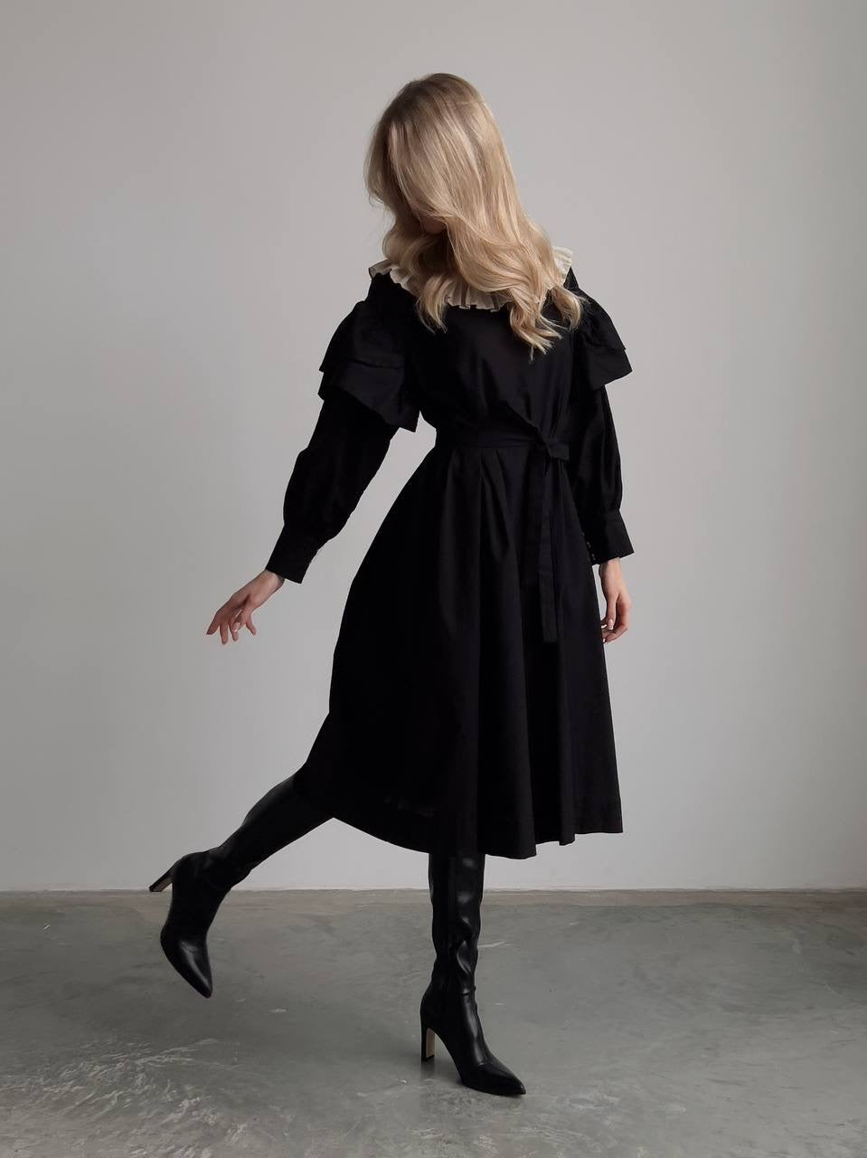 Black Dress with Beige Pleated Collar