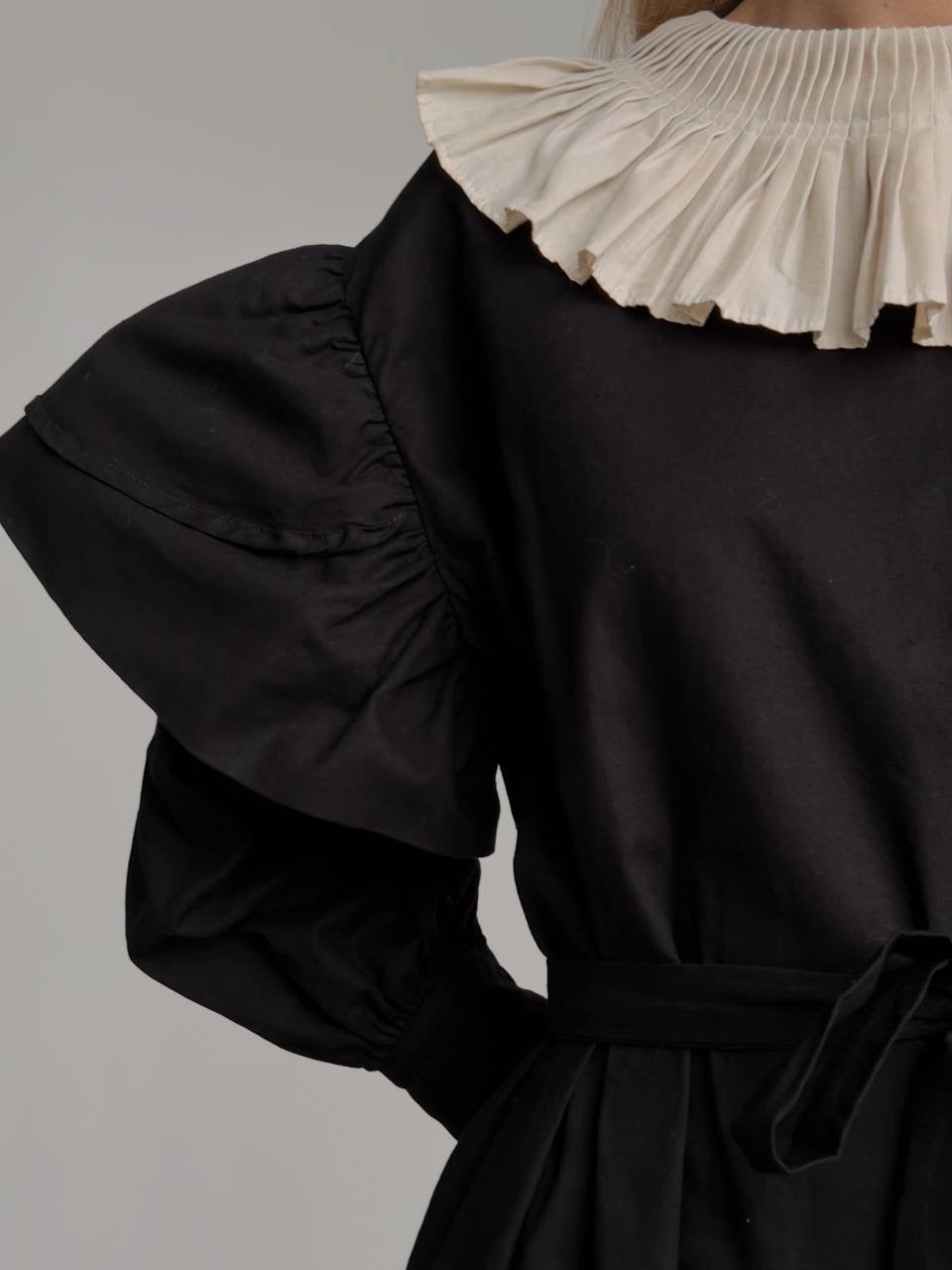 Black Dress with Beige Pleated Collar