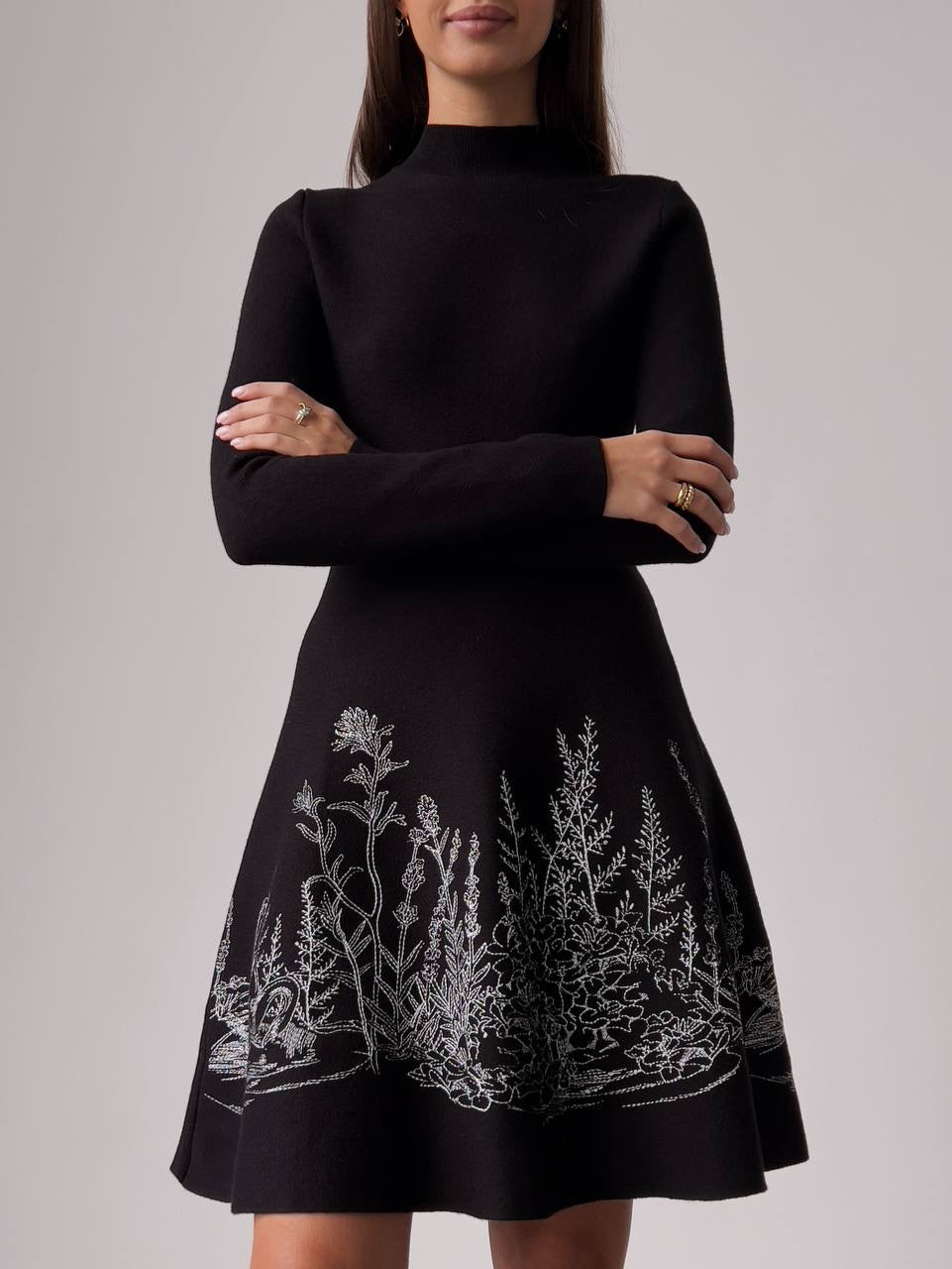 Black Embroidered A-Line Dress