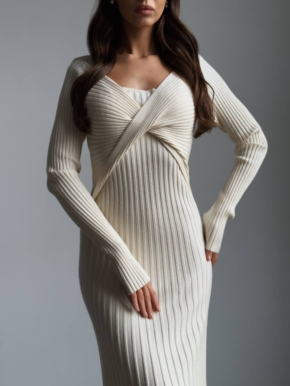 Elegant Cross-Front Ribbed Maxi Dress