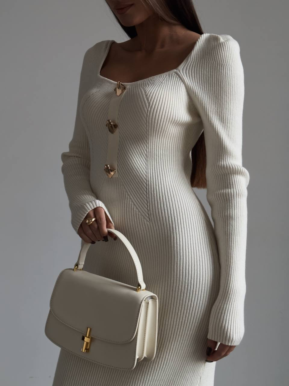 Elegant Cream Ribbed Knit Midi Dress