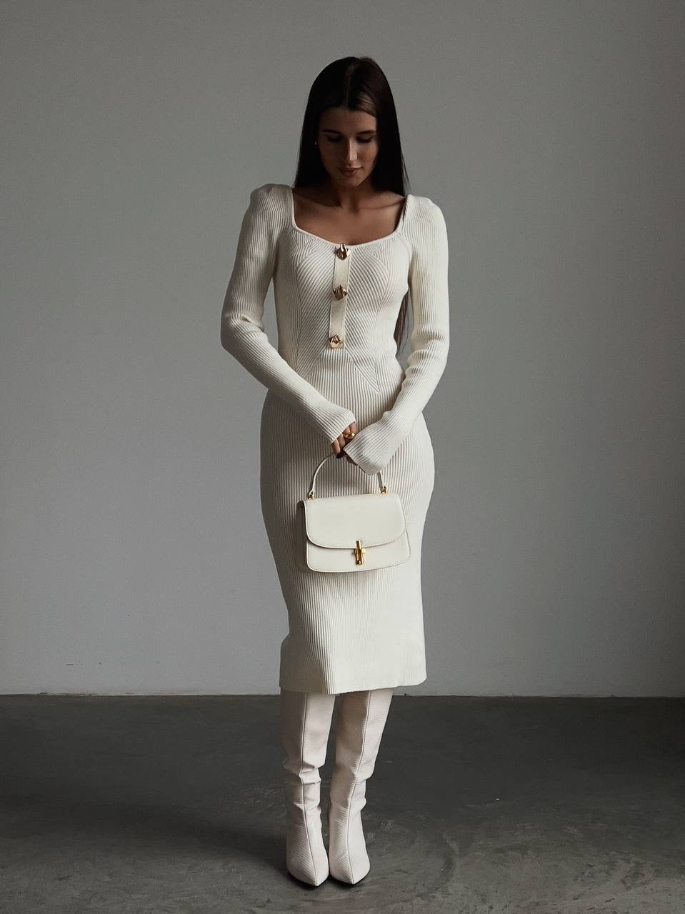 Elegant Cream Ribbed Knit Midi Dress