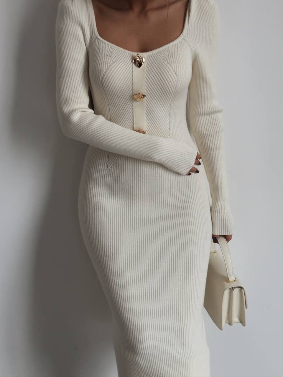 Elegant Cream Ribbed Knit Midi Dress