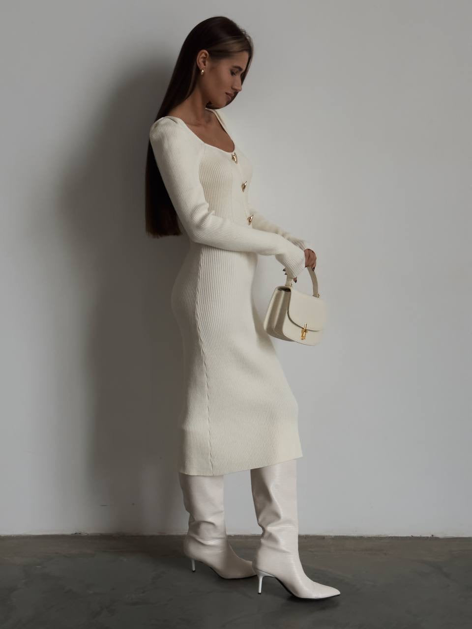 Elegant Cream Ribbed Knit Midi Dress