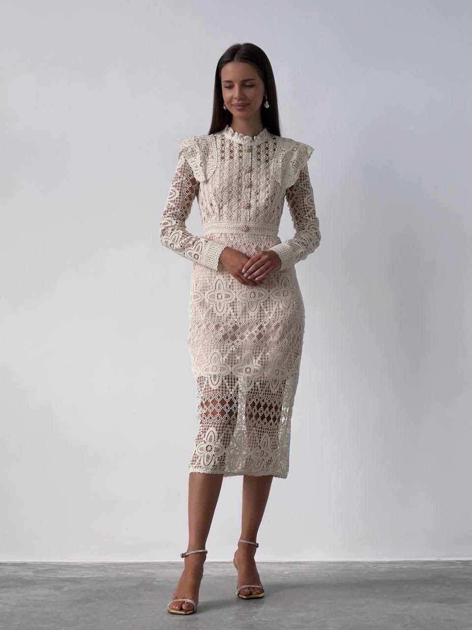 Lace Detail Cream Midi Dress  GodBlessDress
